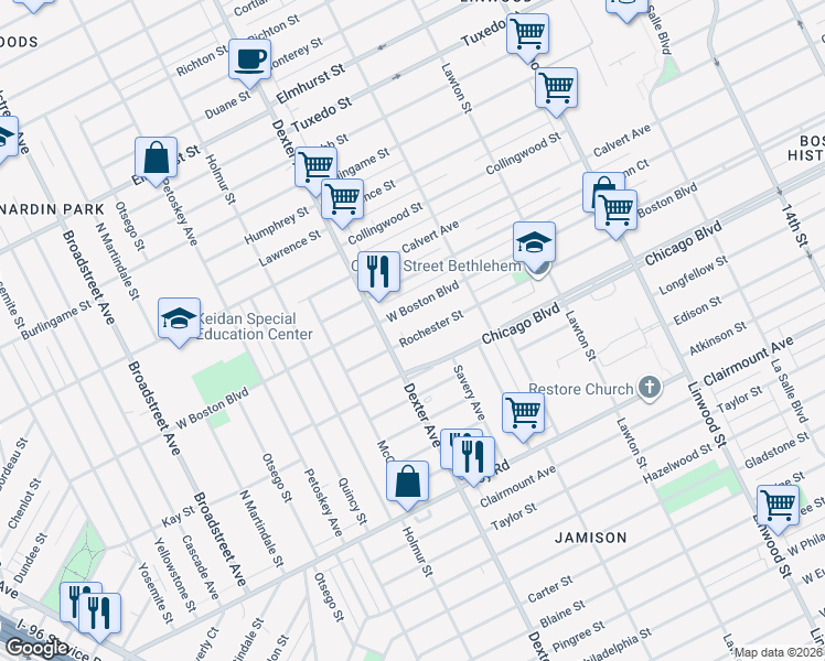 map of restaurants, bars, coffee shops, grocery stores, and more near 3353 West Boston Boulevard in Detroit