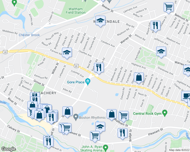 map of restaurants, bars, coffee shops, grocery stores, and more near 22 Main Street in Waltham