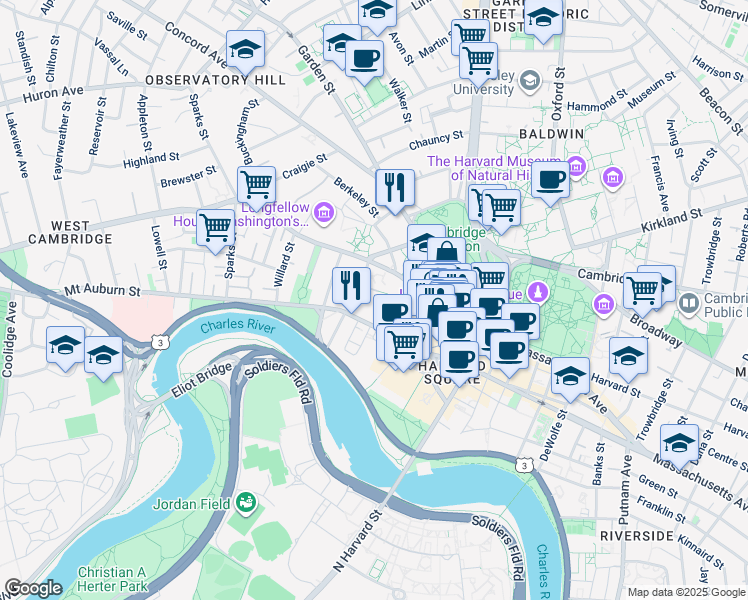 map of restaurants, bars, coffee shops, grocery stores, and more near 8 1/2 Ash Street Place in Cambridge