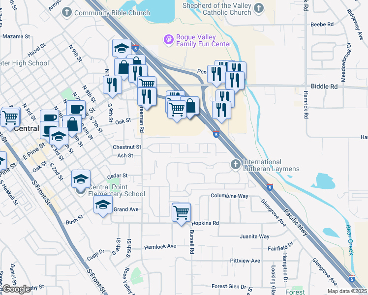 map of restaurants, bars, coffee shops, grocery stores, and more near 301 Freeman Road in Central Point