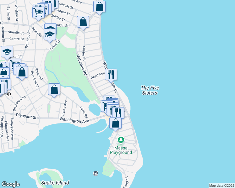 map of restaurants, bars, coffee shops, grocery stores, and more near 53 Cutler Street in Winthrop