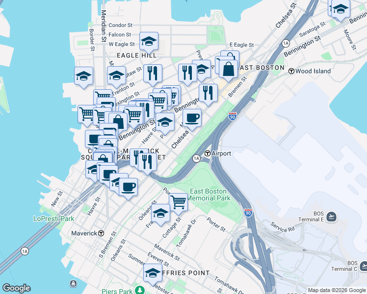 map of restaurants, bars, coffee shops, grocery stores, and more near 217 Chelsea Street in Boston