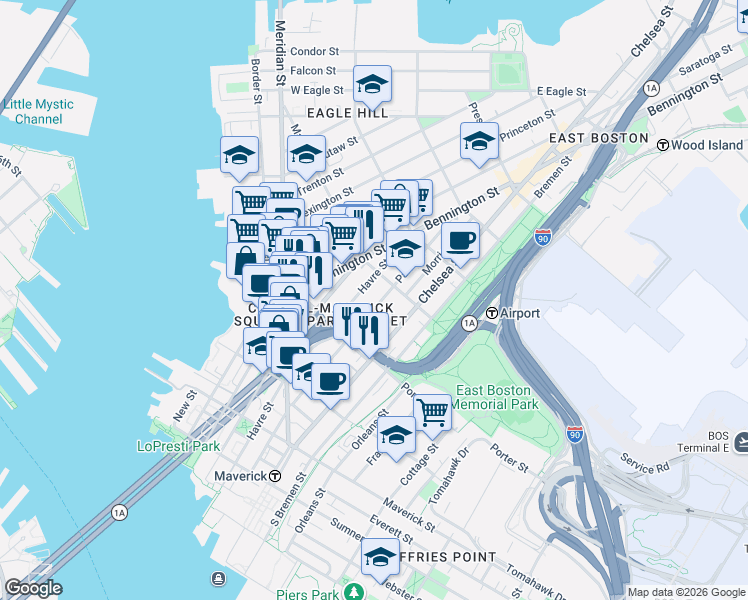 map of restaurants, bars, coffee shops, grocery stores, and more near 229 Havre Street in Boston