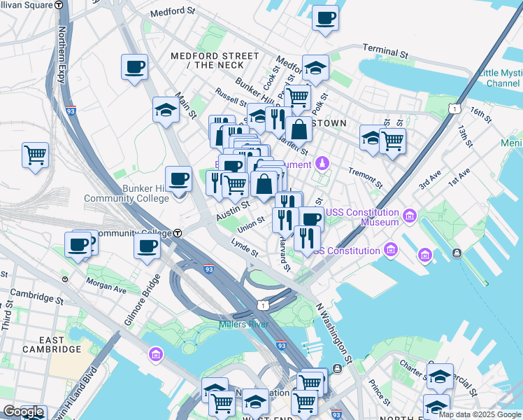 map of restaurants, bars, coffee shops, grocery stores, and more near in Boston