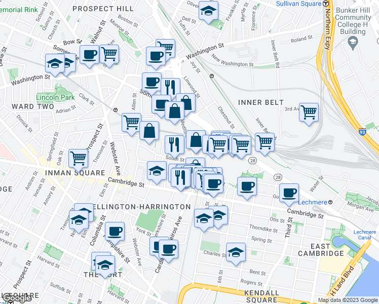 map of restaurants, bars, coffee shops, grocery stores, and more near 39R Medford Street in Somerville