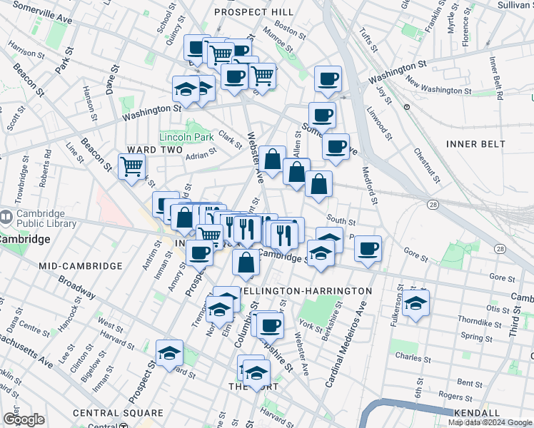 map of restaurants, bars, coffee shops, grocery stores, and more near 1 Tremont Place in Somerville