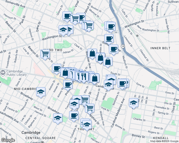 map of restaurants, bars, coffee shops, grocery stores, and more near 1 Tremont Place in Somerville
