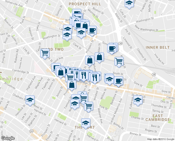 map of restaurants, bars, coffee shops, grocery stores, and more near 1 Tremont Place in Somerville