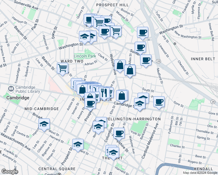 map of restaurants, bars, coffee shops, grocery stores, and more near 110 Prospect Street in Somerville