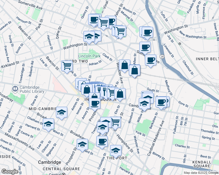 map of restaurants, bars, coffee shops, grocery stores, and more near 110 Prospect Street in Somerville