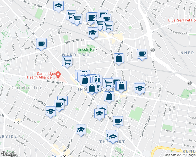 map of restaurants, bars, coffee shops, grocery stores, and more near 25 Houghton Street in Somerville