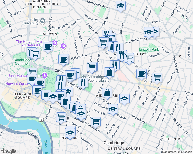 map of restaurants, bars, coffee shops, grocery stores, and more near 1629 Cambridge Street in Cambridge