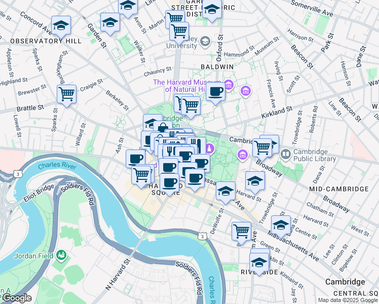 map of restaurants, bars, coffee shops, grocery stores, and more near Garden Street in Cambridge