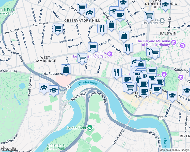 map of restaurants, bars, coffee shops, grocery stores, and more near 33 Willard Street in Cambridge