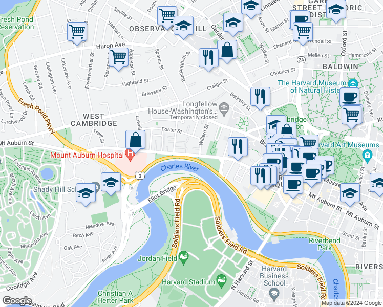 map of restaurants, bars, coffee shops, grocery stores, and more near 33 Willard Street in Cambridge