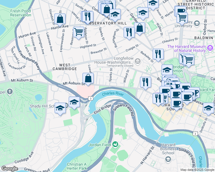 map of restaurants, bars, coffee shops, grocery stores, and more near 5 Shaler Lane in Cambridge
