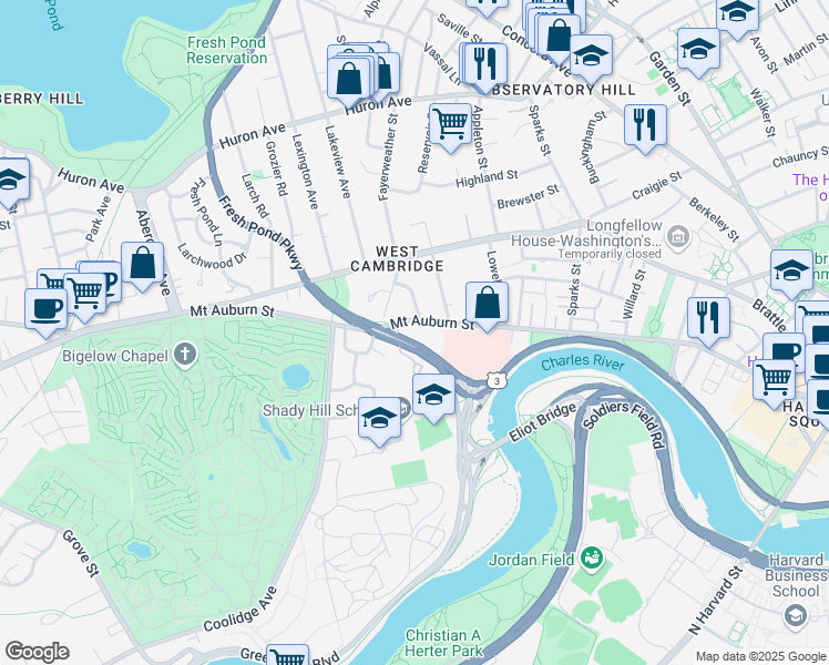 map of restaurants, bars, coffee shops, grocery stores, and more near 341 Mount Auburn Street in Cambridge