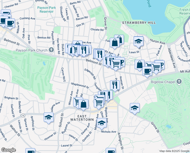 map of restaurants, bars, coffee shops, grocery stores, and more near 44 Woodleigh Road in Watertown