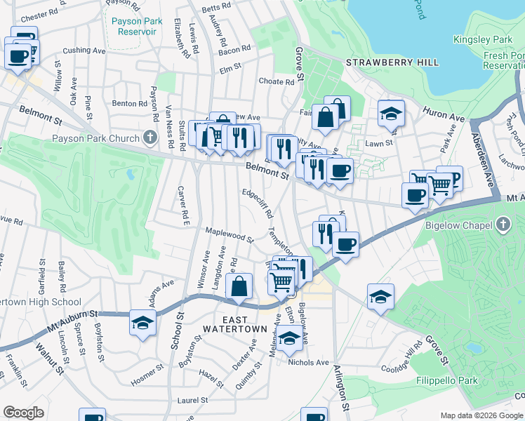 map of restaurants, bars, coffee shops, grocery stores, and more near 44 Woodleigh Road in Watertown