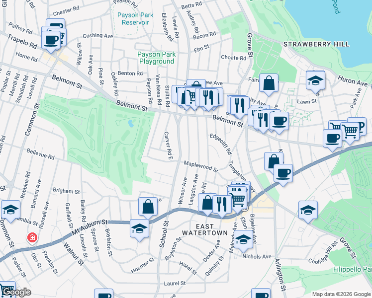 map of restaurants, bars, coffee shops, grocery stores, and more near 121 Winsor Avenue in Watertown
