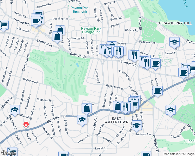 map of restaurants, bars, coffee shops, grocery stores, and more near 370 School Street in Watertown