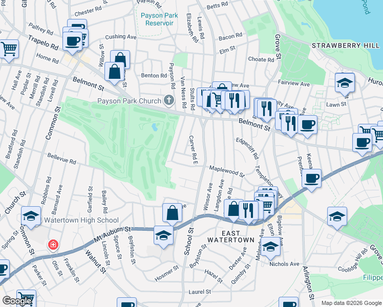 map of restaurants, bars, coffee shops, grocery stores, and more near 370 School Street in Watertown