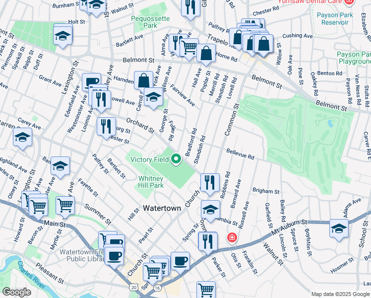map of restaurants, bars, coffee shops, grocery stores, and more near 19 Channing Road in Watertown