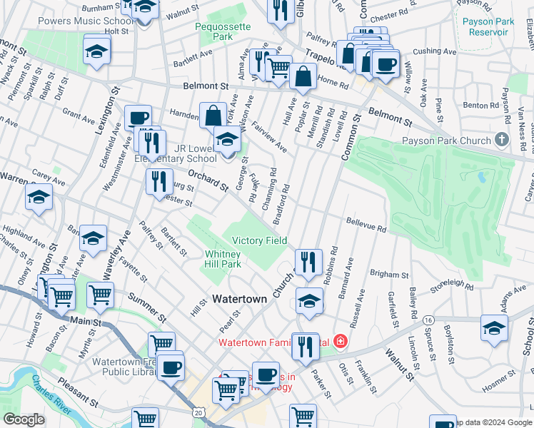 map of restaurants, bars, coffee shops, grocery stores, and more near 19 Channing Road in Watertown