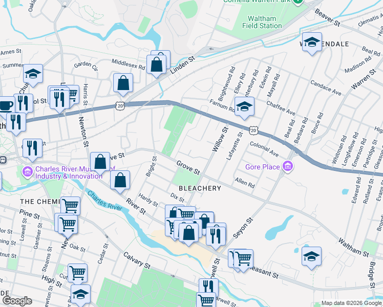 map of restaurants, bars, coffee shops, grocery stores, and more near 10 Kenmore Terrace in Waltham