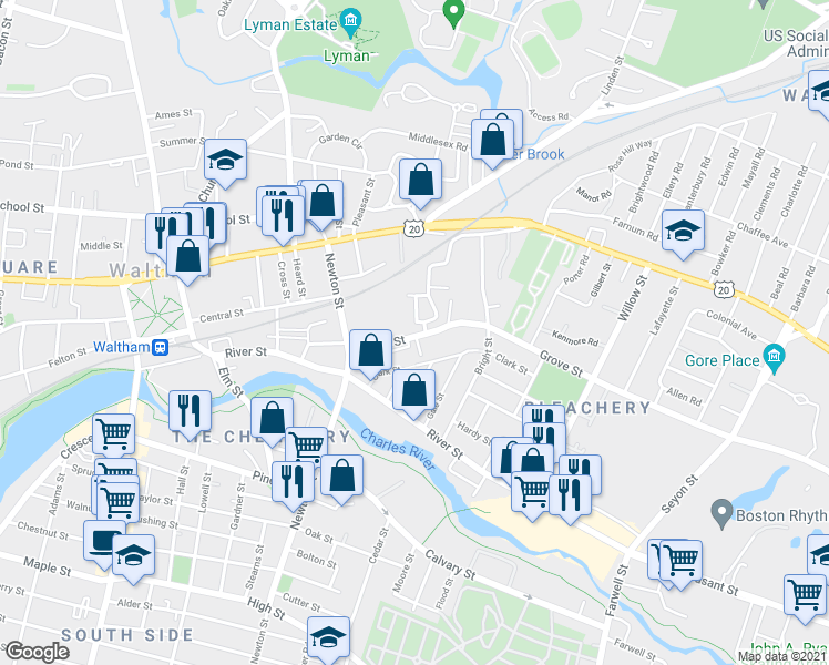 map of restaurants, bars, coffee shops, grocery stores, and more near 19 Centre Street in Waltham