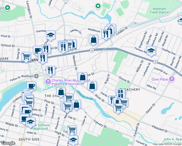 map of restaurants, bars, coffee shops, grocery stores, and more near 19 Centre Street in Waltham