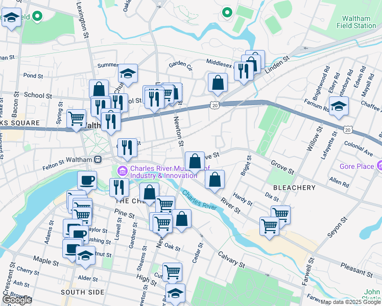 map of restaurants, bars, coffee shops, grocery stores, and more near 66 Newton Street in Waltham