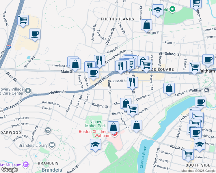 map of restaurants, bars, coffee shops, grocery stores, and more near 166 Russell Street in Waltham