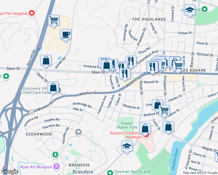 map of restaurants, bars, coffee shops, grocery stores, and more near 60 Nathan Road in Waltham