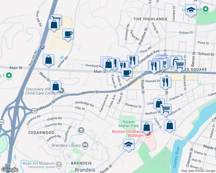 map of restaurants, bars, coffee shops, grocery stores, and more near 60 Nathan Road in Waltham