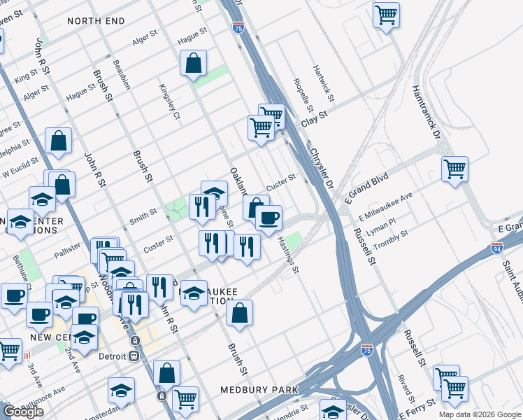 map of restaurants, bars, coffee shops, grocery stores, and more near 7367 Melrose Street in Detroit