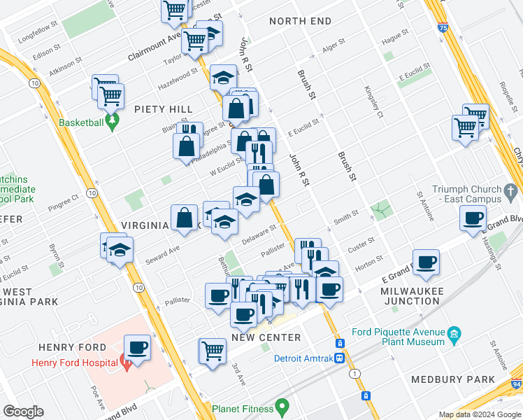 map of restaurants, bars, coffee shops, grocery stores, and more near 54 Seward Avenue in Detroit