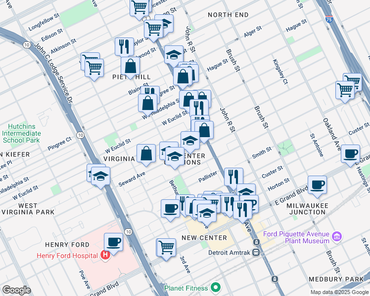 map of restaurants, bars, coffee shops, grocery stores, and more near 129 Virginia Park Street in Detroit
