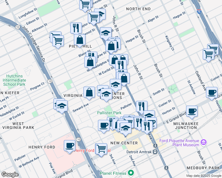 map of restaurants, bars, coffee shops, grocery stores, and more near 129 Virginia Park Street in Detroit
