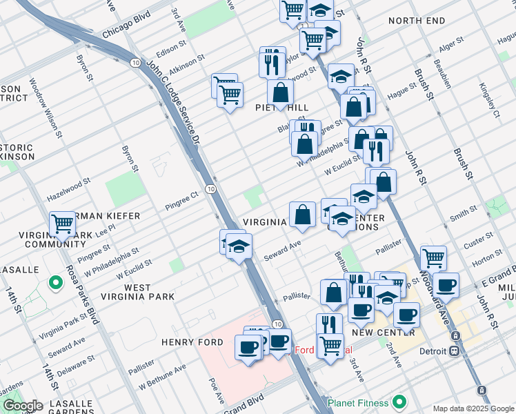 map of restaurants, bars, coffee shops, grocery stores, and more near 848 West Euclid Street in Detroit