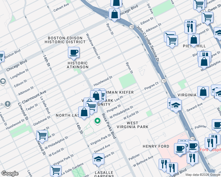 map of restaurants, bars, coffee shops, grocery stores, and more near 1620 Gladstone Street in Detroit
