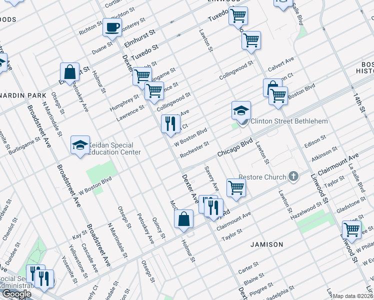 map of restaurants, bars, coffee shops, grocery stores, and more near 3353 West Boston Boulevard in Detroit