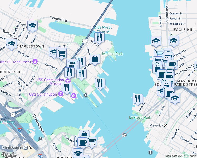 map of restaurants, bars, coffee shops, grocery stores, and more near 12 Constellation Wharf in Boston