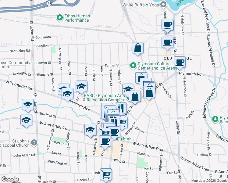 map of restaurants, bars, coffee shops, grocery stores, and more near 252 North Harvey Street in Plymouth