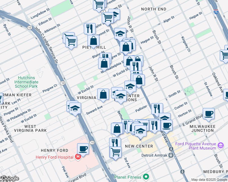 map of restaurants, bars, coffee shops, grocery stores, and more near 610 Virginia Park Street in Detroit