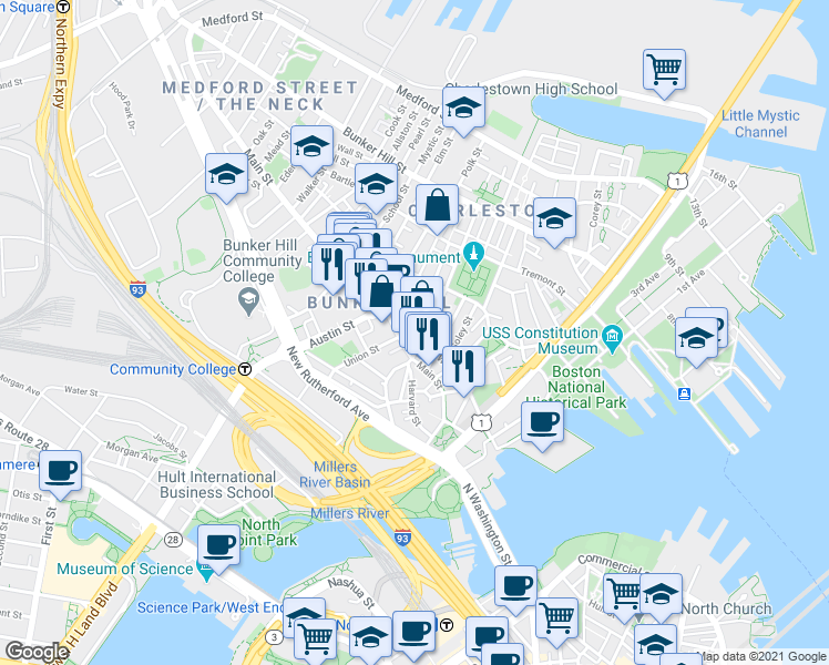 map of restaurants, bars, coffee shops, grocery stores, and more near Warren St & Cordis St in Boston