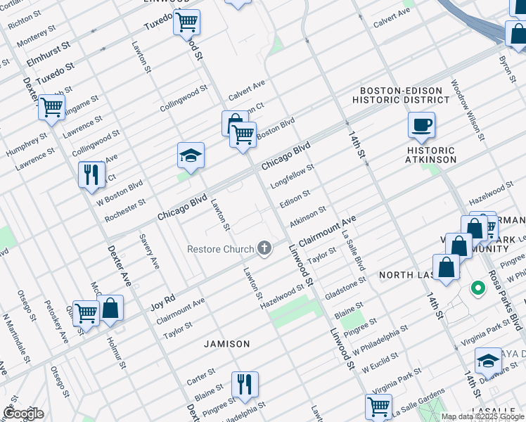 map of restaurants, bars, coffee shops, grocery stores, and more near 2701 Chicago Boulevard in Detroit