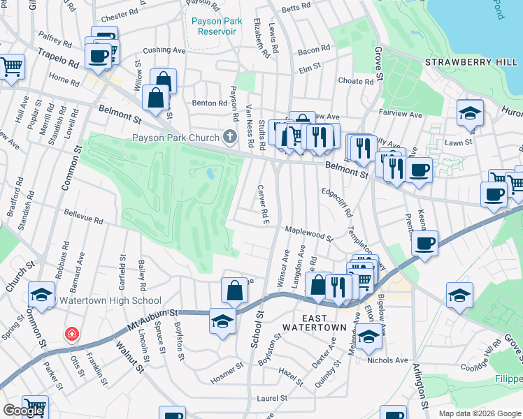 map of restaurants, bars, coffee shops, grocery stores, and more near 370 School Street in Watertown