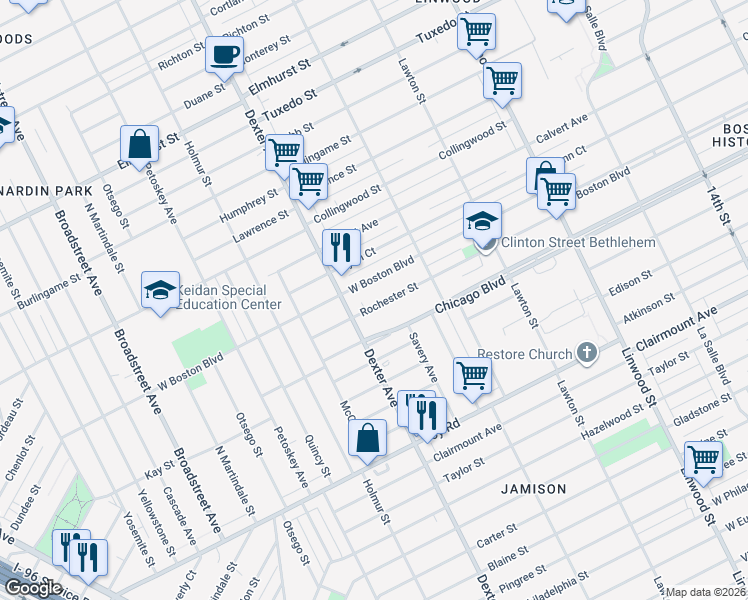 map of restaurants, bars, coffee shops, grocery stores, and more near 3353 West Boston Boulevard in Detroit