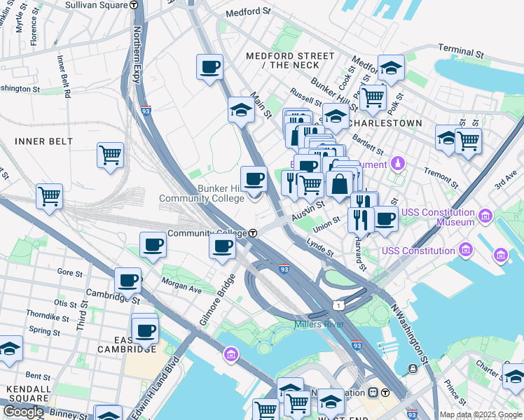 map of restaurants, bars, coffee shops, grocery stores, and more near 250 New Rutherford Avenue in Boston